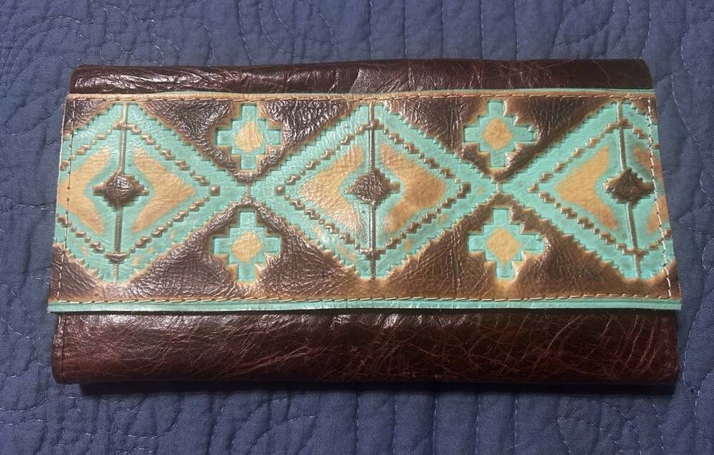 Genuine Leather Brown and Turquoise Navajo Embossed Tri-Fold Wallet